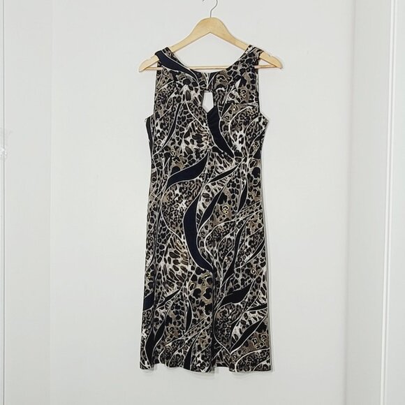 Bali Women's Black & Brown Leopard Print Sleeveless Round Neck Midi Dress Size 6 - Picture 1 of 12